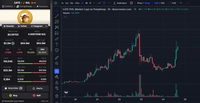 A TradingView screenshot showing the 1-hour chart for the CATE/SOL trading pair on PumpSwap, displaying candlestick data and market stats.