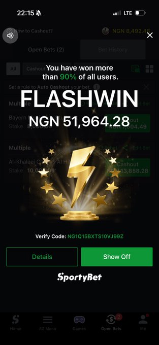 A SportyBet app screen showing a FLASHWIN notification with a prize of NGN 51,964.28 and a 'Show Off' button.