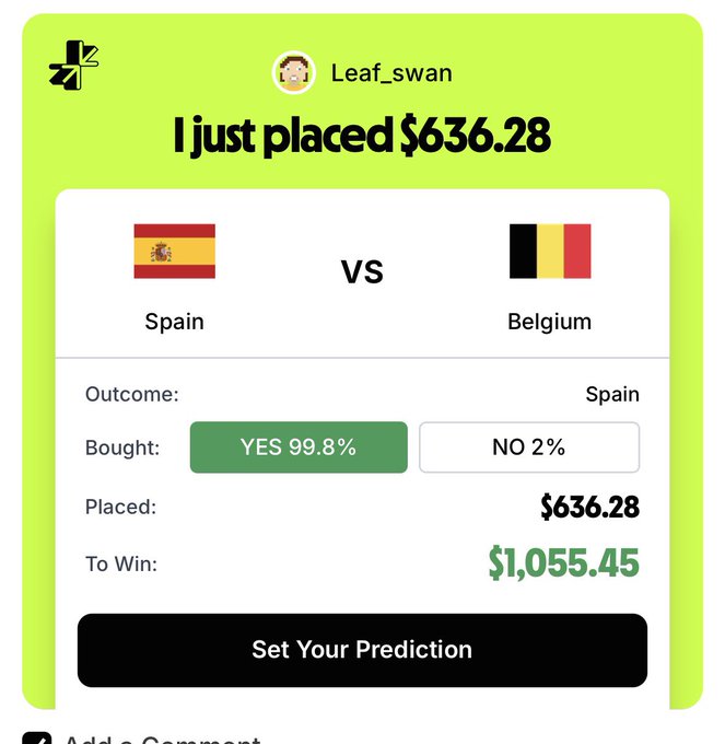 A sports betting app screenshot from user 'Leaf_swan' showing a $636.28 wager placed on Spain to beat Belgium, with a potential winning payout of $1,055.45.