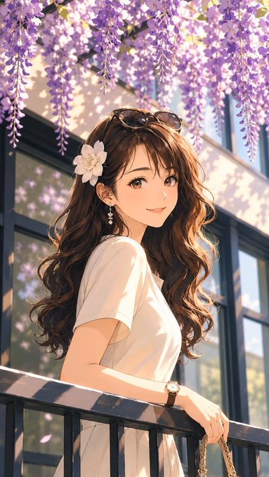 An anime-style illustration of a smiling young woman with long brown hair and a white flower in her hair, standing under purple wisteria blossoms.