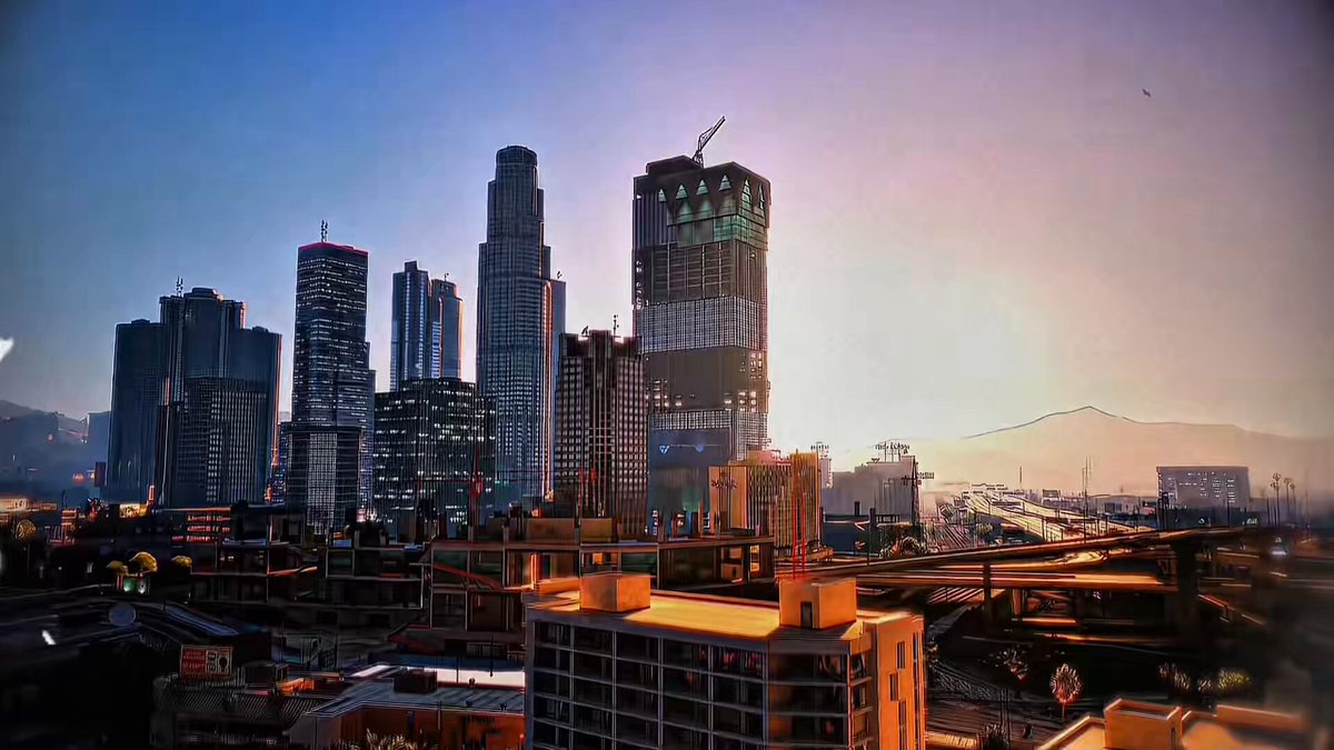 The image shows an aerial view of a city skyline at sunset with tall buildings and construction cranes visible. The sun's rays are shining down on the scene, creating a warm glow over the cityscape. In the foreground, there is a banner that reads "We run the Solana streets. We get you wetter than a stolen Lambo in the rain." This message seems to be related to the post about the GTA series and its characters. The image captures the essence of the city's vibrant atmosphere during sunset while also incorporating elements from the popular video game series, such as the "Solana" universe.