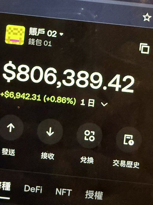 A photo of a crypto wallet showing a balance of $806,389.42 in account "賬戶 02" (Account 02) with wallet "錢包 01" (Wallet 01), displaying a +$6,942.31 (+0.86%) daily change, visually illustrating the poster's claim about their diminished $SUI holdings.