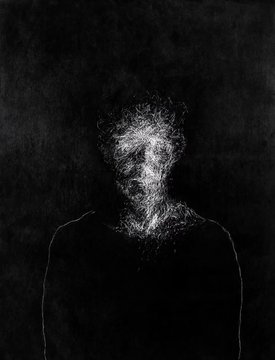 A black and white illustration of a person's face with a distorted, textured appearance.
