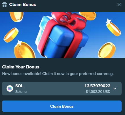 A "Claim Bonus" popup from Stake displays a gift box and gold coins, offering 13.5797902 SOL (Solana), valued at $1,002.20 USD, to be claimed in the user's preferred currency. The image supports the post by showcasing a substantial crypto bonus amount available for claiming on the platform.