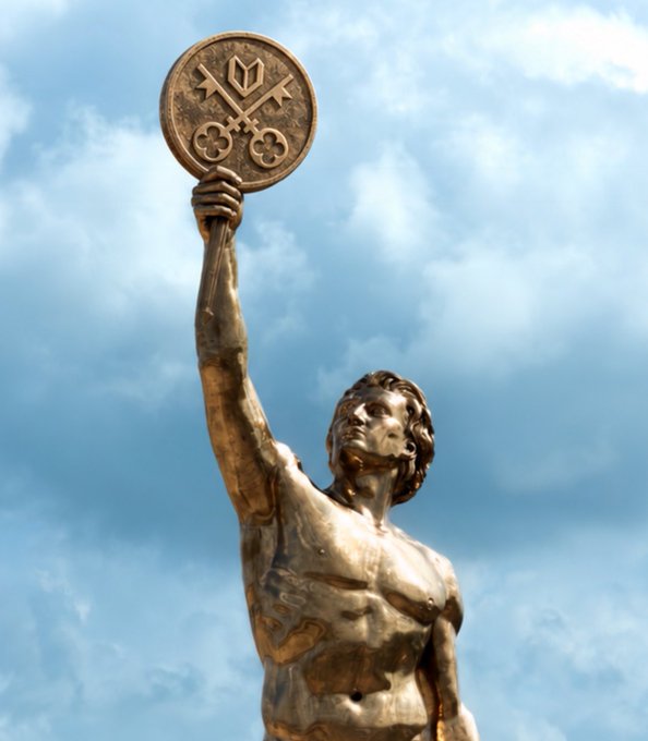 A golden statue of a muscular figure holding up a circular emblem featuring keys and a cryptocurrency-like logo against a blue cloudy sky.
