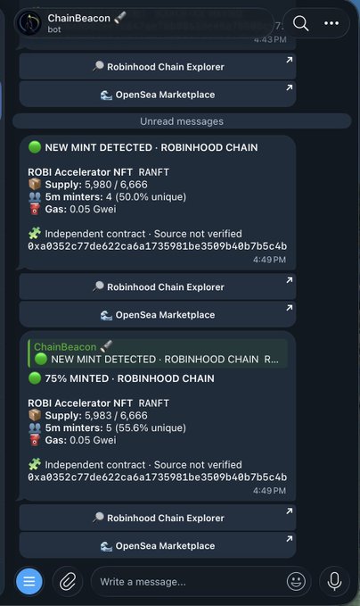 A Telegram chat showing the ChainBeacon bot notifying users of new mints detected on Robinhood Chain, including ROBI Accelerator NFT RANFT with supply updates (5,980/6,666 and 5,983/6,666 minted) and contract address 0xa0352c77de622ca6a1735981be3589b40b7b5c4b.