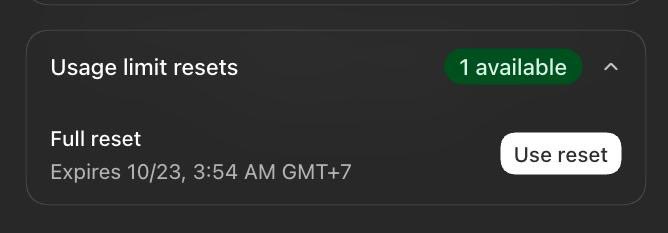 A dark-themed settings menu showing 'Usage limit resets' with '1 available' and a 'Full reset' option that 'Expires 10/23, 3:54 AM GMT+7'.