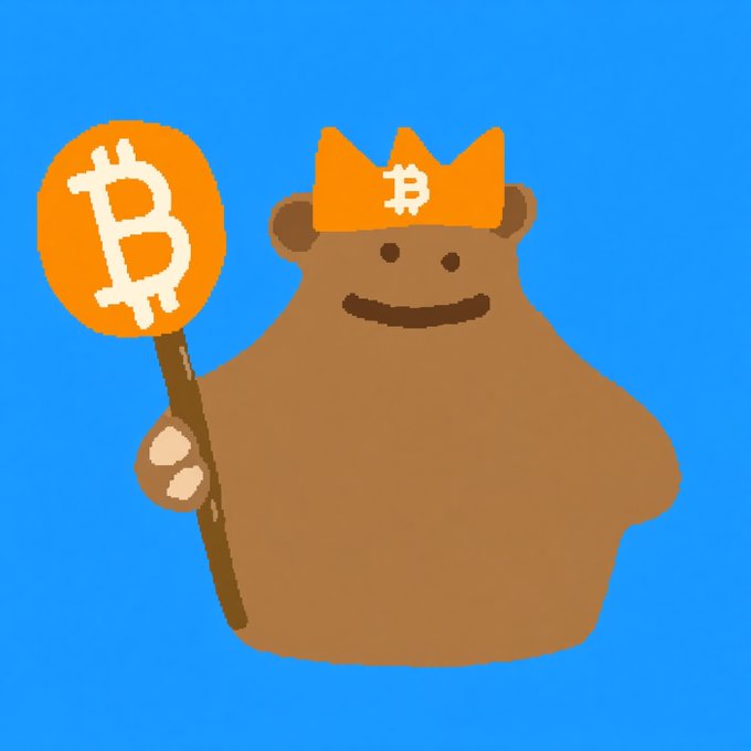 A cartoon illustration of a brown bear wearing an orange Bitcoin hat and holding a staff with the Bitcoin logo.