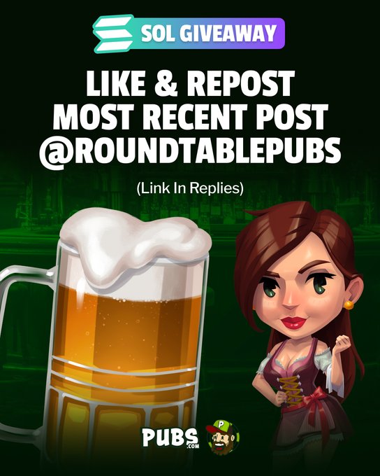 The image is a "SOL GIVEAWAY" promotional graphic featuring a frothy beer mug alongside a cartoon barmaid character, with instructions asking viewers to "LIKE & REPOST MOST RECENT POST @ROUNDTABLEPUBS" to enter the daily Solana giveaway hosted by Round Table Pubs.