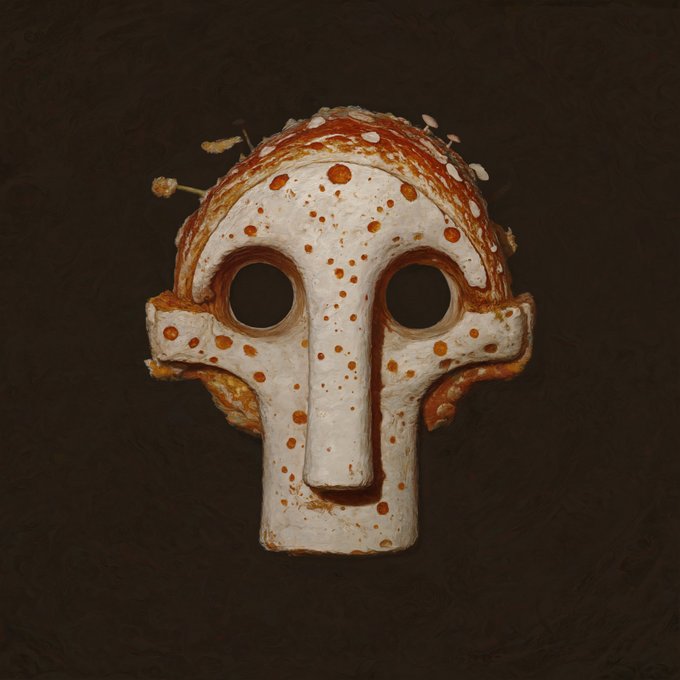 A stone sculpture resembling a skull or mask with hollow eyes and nose, featuring a textured white and orange-rust patina against a dark brown background.