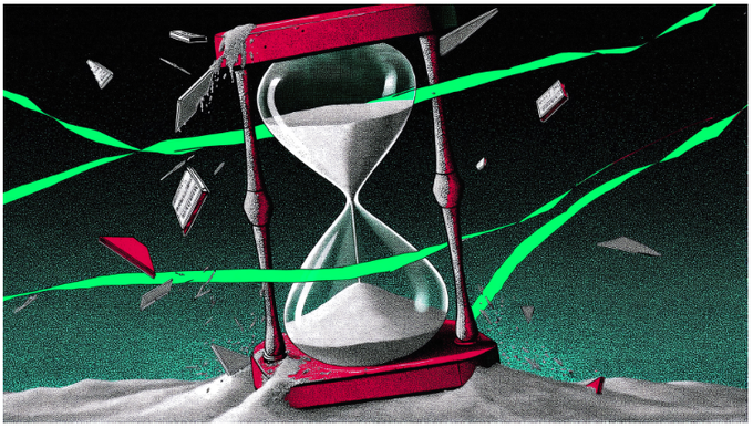 An artistic image showing a red-framed hourglass with sand flowing, surrounded by floating papers, green ribbon-like streaks, and shattered glass against a dark background.