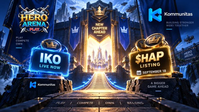 A promotional graphic for Hero Arena Play's "$HAP Listing" on September 18, featuring the Kommunitas logo, an "IKO Live Now" call-to-action, and the tagline "A Bigger Game Ahead," visually aligning with the post's announcement of the public sale's next phase.