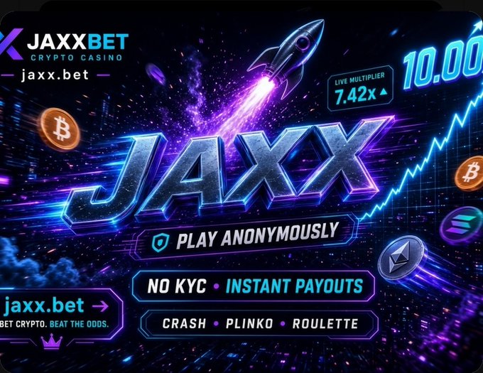 A promotional banner for JAXX BET Crypto Casino (jaxx.bet) features a rocket launch graphic with a 7.42x live multiplier, advertising anonymous play, no KYC, instant payouts, and games like Crash, Plinko, and Roulette.