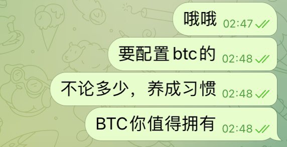 A WeChat screenshot showing a series of green message bubbles in Chinese that translate to "Oh oh", "Want to configure BTC", "No matter how much, develop the habit", and "BTC you deserve to own", reinforcing the post's message that Bitcoin is worth owning through consistent, small investments.