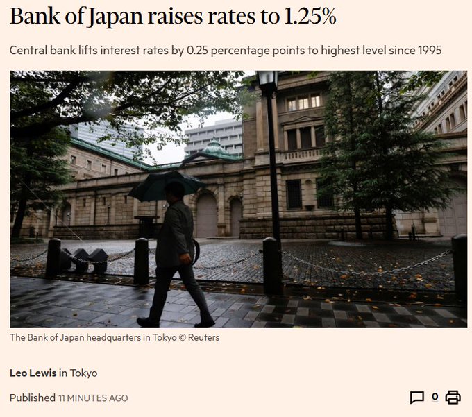 A Reuters news headline announces "Bank of Japan raises rates to 1.25%," the highest level since 1995, accompanied by a photo of a pedestrian walking with an umbrella past the Bank of Japan headquarters in Tokyo. The image visually grounds the post's warning about the BOJ's rate hike, illustrating how higher borrowing costs threaten Japan's massive debt pile and reinforcing the argument that investors should pivot from government-anchored assets to scarce, inflation-resistant holdings.