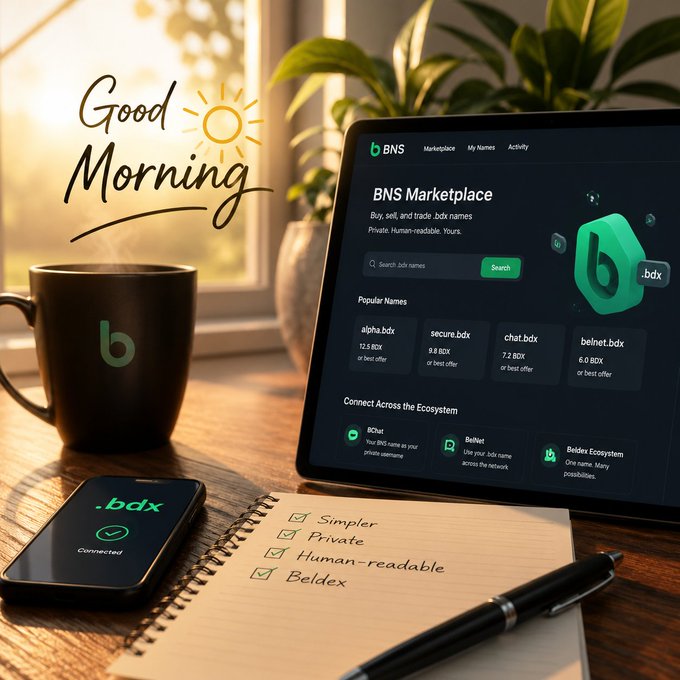 A marketing image showing a laptop displaying the 'BNS Marketplace' for buying and selling .bdx domain names, with visible prices like 'alpha.bdx 12.5 BDX', alongside a coffee mug with the BNS logo, a phone showing '.bdx Connected', and a notebook listing 'Simpler', 'Private', 'Human-readable', and 'Beldex'.