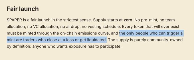 A text excerpt highlights that $PAPER is a "fair launch" with zero pre-mint and no team or VC allocations, where the only people who can trigger a new token mint are traders who close at a loss or get liquidated—fitting the poster's enthusiasm for willingly taking losses on the token.