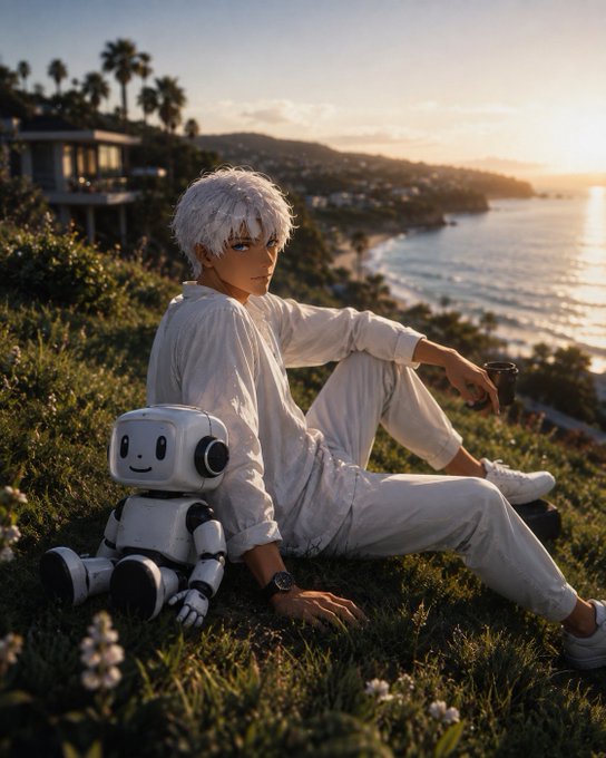 An anime-style illustration of a white-haired character sitting on grass overlooking the ocean at sunset, accompanied by a small white robot.