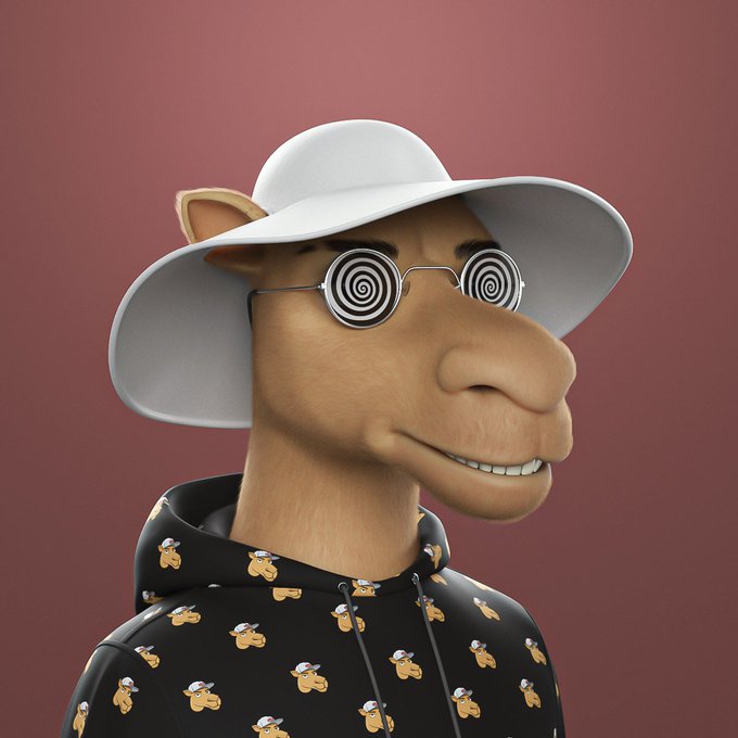 A stylized 3D-rendered camel character wearing a white wide-brimmed hat, black-and-white spiral "hypno" sunglasses, and a black hoodie patterned with miniature cartoon camels and turtles, set against a dusty rose background. The image visually reinforces the post's desert/camel theme and the $wTURTLE project, embodying the playful "thirsty camel" humor described in the caption.