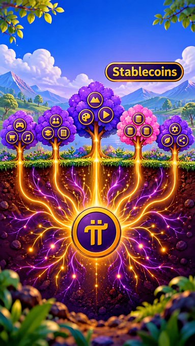 A colorful, stylized digital illustration titled 'Stablecoins' depicts purple trees with coin icons as fruit, connected by glowing orange roots to a central Pi cryptocurrency symbol underground.