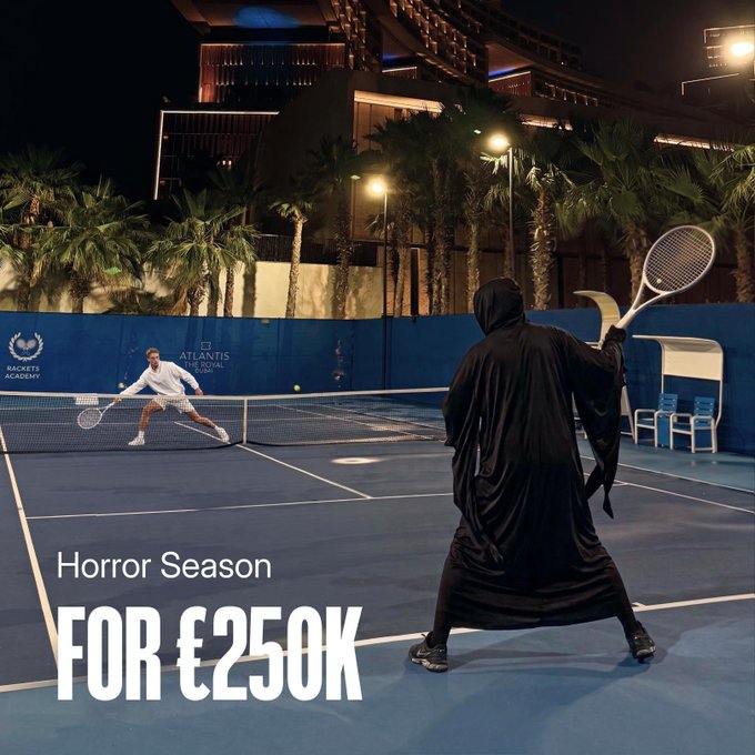 Text reading 'Horror Season FOR €250K' overlays an image of a person dressed as a grim reaper playing tennis against a man at a court branded with Atlantis The Royal and Rackets Academy logos.