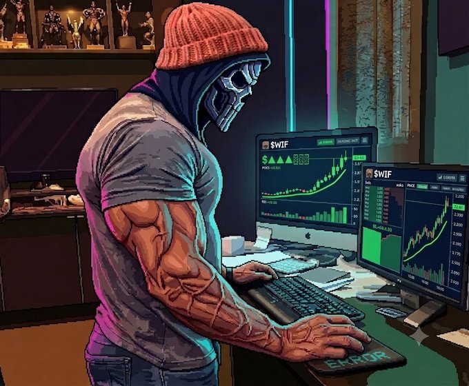 A digital illustration of a muscular figure wearing a skull mask and beanie, intensely trading cryptocurrency on multiple monitors displaying green charts.