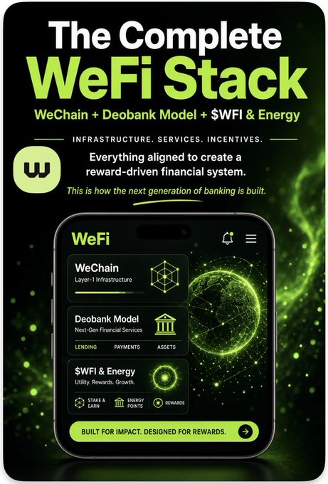 A promotional advertisement for 'WeFi Stack' featuring a green and black color scheme, showcasing WeChain, Deobank Model, and $WFI & Energy components, with a smartphone mockup displaying the app interface.