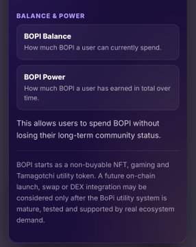 A screenshot explaining the 'Balance & Power' concept of the BoPi token, detailing BoPi Balance (spendable amount) and BoPi Power (total earned), and noting that BoPi starts as a non-buyable NFT, gaming, and Tamagotchi utility token.