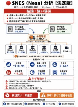 The image is a Japanese-language analysis infographic for $NES (Nesa) titled "結論：強い弱気" (Conclusion: Strongly Bearish), showing only 44% of tokens remaining in the project's ETH/BNB vault at address 0x226e71. It highlights a total market cap of $18.7M, $9.24M in $BNB reserves, and $15.4M in $NES tokens, with flows tracked to major exchanges including Bitget, Gate.io, KuCoin, OKX, and MEXC, reinforcing the post's claim that tokens are being systematically moved from the project vault to exchanges.