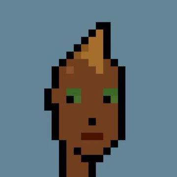 A simple pixel art portrait of a character with brown skin, green eyes, and a flame-like orange/yellow hairstyle against a light blue background.