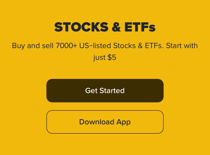 The focus of the image is a close-up of a button with text displayed on it, reading "Stocks & ETFs". The button is yellow against an orange background and has black text written on it. The text appears to explain what these buttons do or point to where viewers can find more information about the topic.