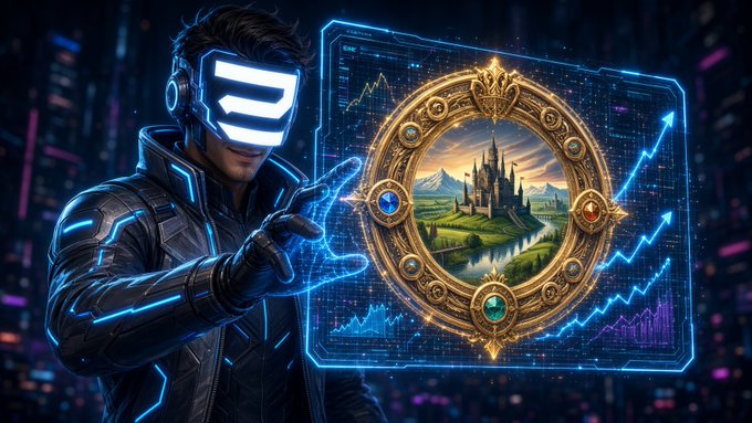 A futuristic digital illustration of a person in a glowing blue VR headset and jacket reaching toward a holographic golden frame displaying a castle landscape and rising charts.
