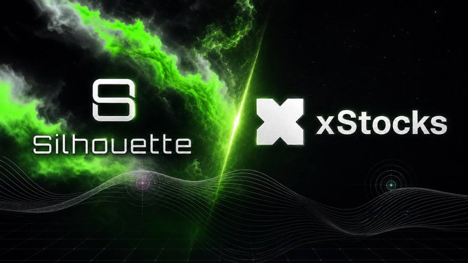 A promotional banner featuring a green and black cosmic/nebula design with the white 'S' Silhouette logo on the left and the 'xStocks' logo with a cross symbol on the right.