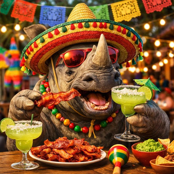 A rhinoceros wearing a festive sombrero and red sunglasses enjoys bacon and a margarita at a colorful celebration. The image perfectly captures the post's "Bacon and Margarita Day" theme, embodying a fun, carefree Saturday vibe with party lights, papel picado banners, and guacamole and chips completing the festive spread.