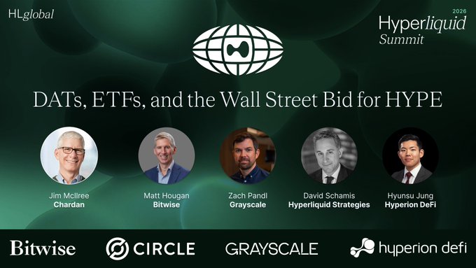 A promotional graphic for the 'Hyperliquid Summit 2026' panel titled 'DATs, ETFs, and the Wall Street Bid for HYPE' featuring speakers Jim McIlree (Chardan), Matt Hougan (Bitwise), Zach Pandl (Grayscale), David Schamis (Hyperliquid Strategies), and Hyunsu Jung (Hyperion DeFi), with sponsor logos for Bitwise, Circle, Grayscale, and Hyperion DeFi.