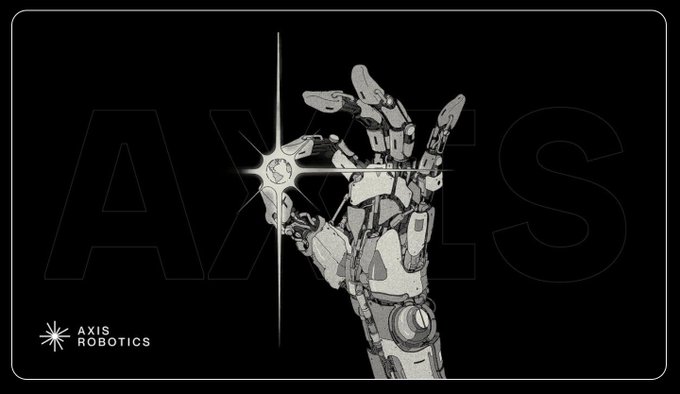 A minimalist black-and-white graphic features a detailed robotic hand reaching through a glowing crosshair, with the text 'AXIS ROBOTICS' and 'AXIS' watermarked in the background.