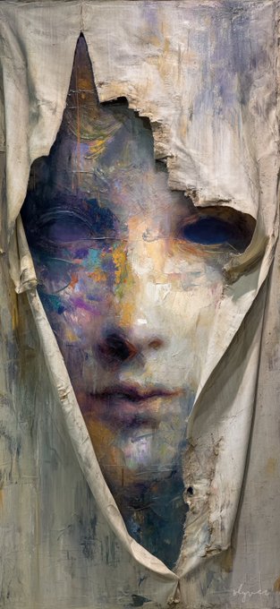 A textured mixed-media portrait painting of a face partially obscured by torn white fabric or paper, rendered in muted purples, golds, and blues.