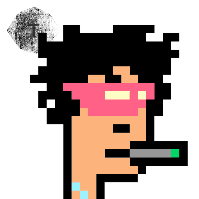 Pixel art depicts a person with a large black afro wearing pink sunglasses and smoking a cigarette, with a geometric wireframe cube floating near their head.