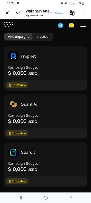 The image shows a phone screen displaying several campaign ideas, with one of them being "Guardsis" priced at $10,000 USCC. The text accompanying the image mentions that there's a post on Wallchain that says "@wallchain and check if you've won any of the campaigns." Additionally, another post is displayed about Martin Ho winning a $35.5/post bid for a $22/post ad campaign.