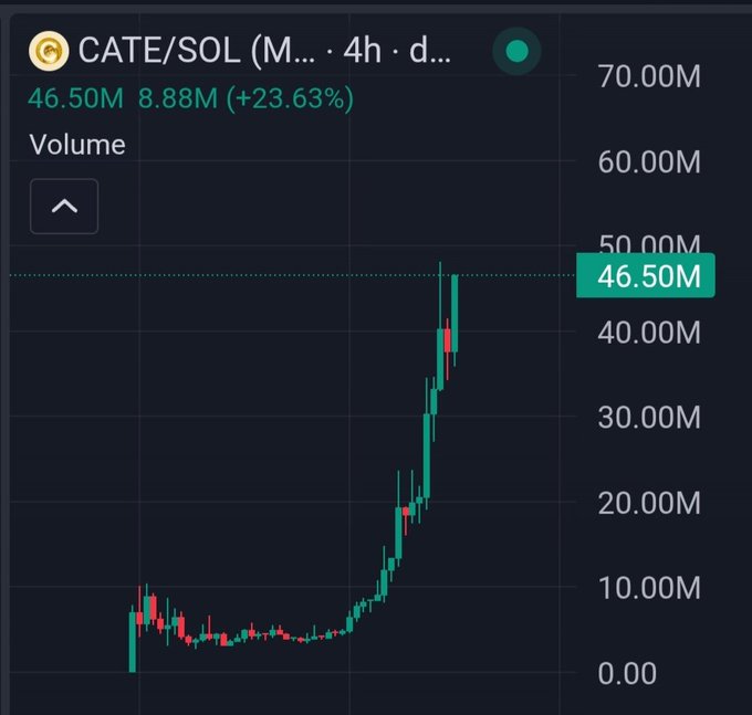 A TradingView candlestick chart showing CATE/SOL (likely on a 4-hour timeframe) with a dramatic vertical surge to 46.50M (+23.63%) on volume, visually confirming the post's claim of the token pumping hard after a long flat consolidation period. The chart illustrates the parabolic breakout from a sideways base near 5M-10M up to nearly 50M, reinforcing the poster's excitement and concern about being sidelined.
