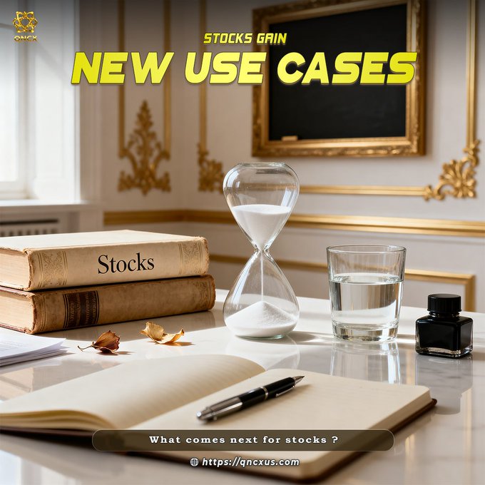 An elegant study scene features a sand-filled hourglass, glass of water, ink bottle, and an open journal beside stacked vintage books labeled "Stocks," with overlaid text reading "STOCKS GAIN NEW USE CASES" and "What comes next for stocks? https://qncxus.com," visually echoing the post's theme of tokenization reshaping securities and unlocking new possibilities for stocks.
