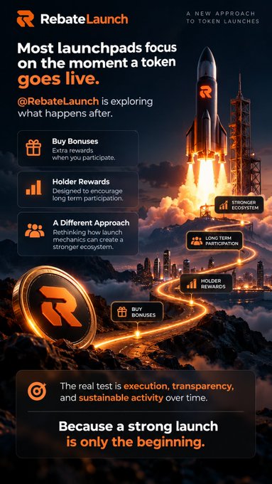 A poster for “RebateLaunch” reads “Most launchpads focus on the moment a token goes live.” It promotes “Buy Bonuses,” “Holder Rewards,” “A Different Approach,” and says “Because a strong launch is only the beginning.”