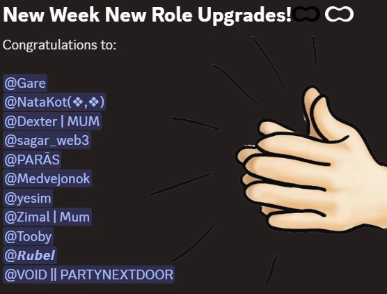 A social media graphic titled 'New Week New Role Upgrades!' listing several usernames being congratulated, accompanied by a clapping hands emoji on a black background.