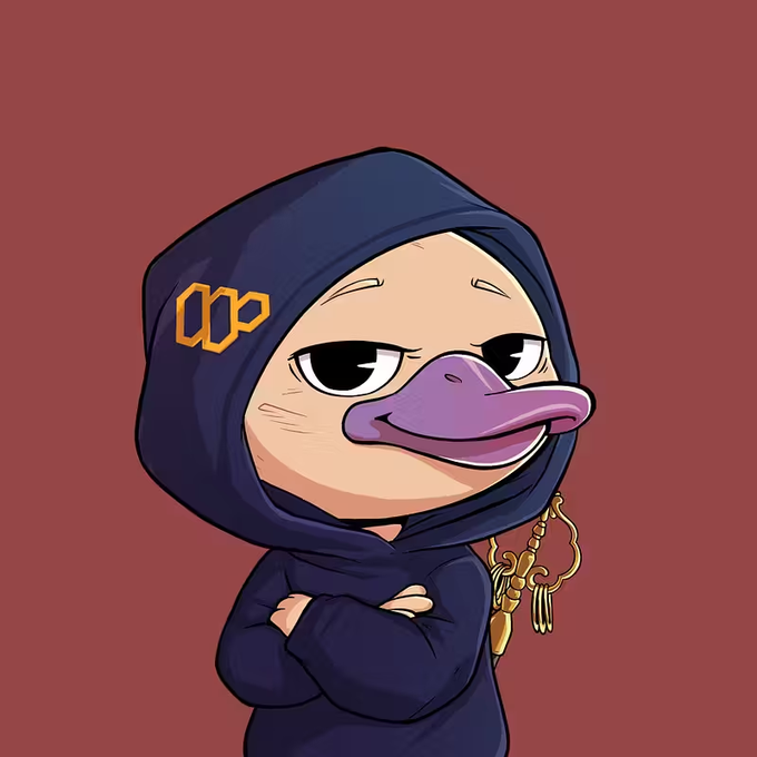 The image features a cartoon duck character wearing a hoodie, with its arms crossed over its chest. The duck has a gold chain around its neck, adding an element of style to its appearance. The background color is red, which contrasts nicely with the blue hoodie and yellow accents on the character's outfit. The post mentions that the artist is still building their wallchain every day, implying that they are constantly refining their skills and techniques in creating captivating illustrations.

The image seems to be a part of a series or collection, as it has been tagged with the @wallchain hashtag. This indicates that the artist might be sharing their work on social media platforms or participating in online communities dedicated to wallchain art. The post also mentions that the character is trying to become a little sharper over time and better timing, suggesting that they are constantly striving for improvement in their craft.