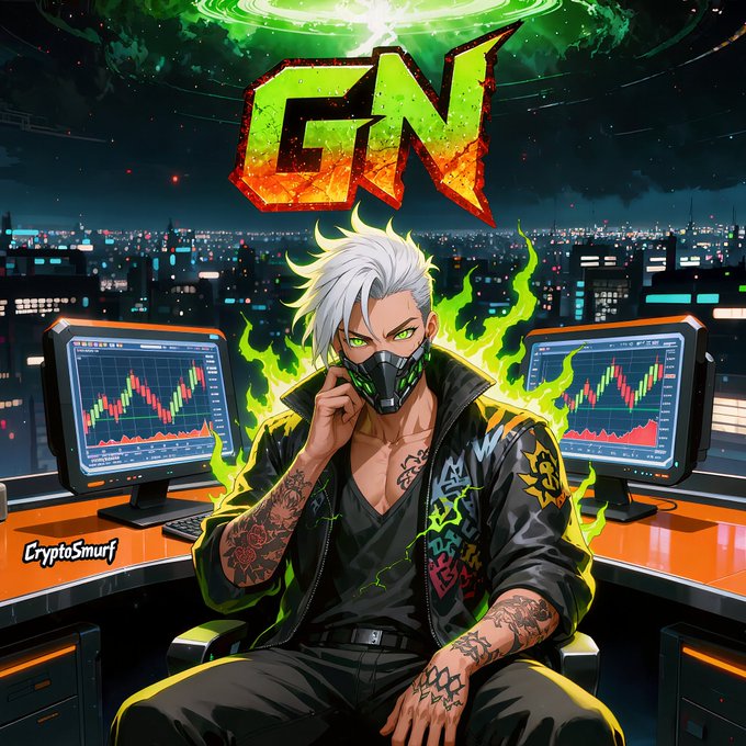 The image features a stylized anime-style character with white hair, green eyes, and a black mask, seated in front of two monitors displaying crypto trading charts, with the text "CryptoSmurf" and a large "GN" logo against a neon green cityscape background. The bold "GN" logo and "GN Famski" caption reference a popular crypto community sign-off meaning "Good Night," fitting the nighttime cityscape and trading setup.