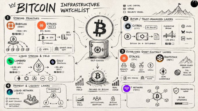 A hand-drawn 'Bitcoin Infrastructure Watchlist' diagram illustrating five categories: Staking Primitives (Babylon, Stacks), Liquid Staking & Yield (Lombard, Solv), Payment & Liquidity Layers (Liquid Network), BitVM/Trust-Minimized Layers (Citrea, Clementine Bridge), and Established Smart-Contract Layers (Stacks, Rootstock).