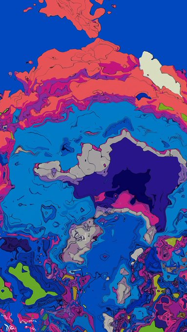A vivid false-color map or aerial-style image shows coastlines, waterways, and land areas rendered in intense blues, purples, pinks, reds, and greens.