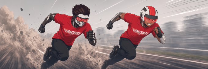 Two characters in red 'RACERZ' shirts sprint forward at high speed, one wearing a skull mask and the other a red and white helmet.