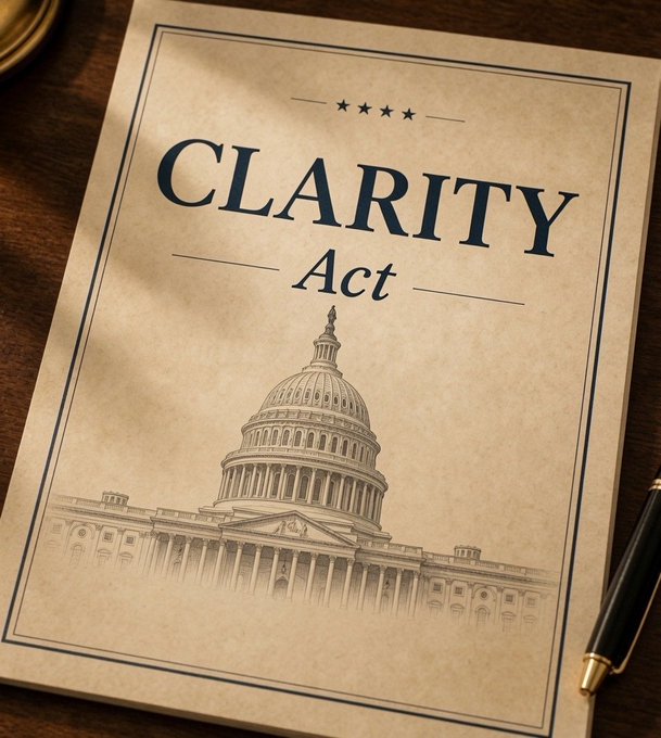 A vintage-style document titled 'CLARITY Act' displayed on aged paper, featuring an illustration of the U.S. Capitol building with four stars above the title.