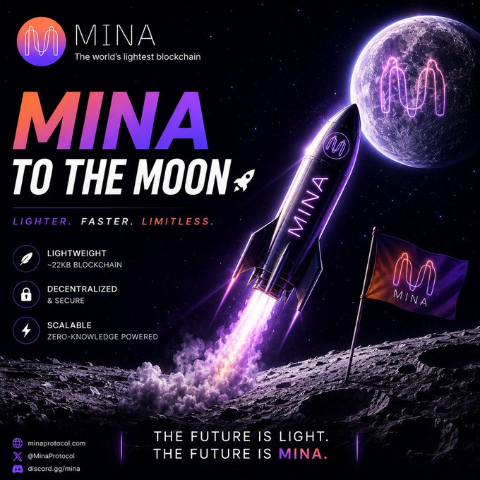 A promotional advertisement for MINA blockchain ("The world's lightest blockchain") with the slogan "MINA TO THE MOON." Key features listed include lightweight (~22KB blockchain), decentralized and secure, and scalable with zero-knowledge powered. Website: minaprotocol.com, Twitter: @MinaProtocol, Discord: discord.gg/mina.
